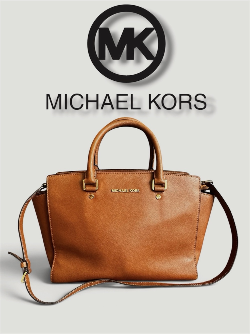 Michael Kors Cognac Brown Saffiano Leather Satchel with Shoulder Strap EUC